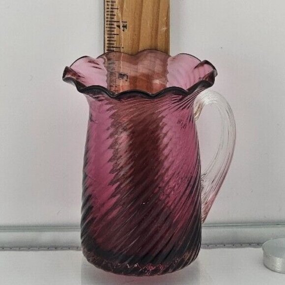 Pilgrim Glass Cranberry Swirl Pitcher Vase 3.5" clear handle ruffled rim texture - Picture 6 of 12
